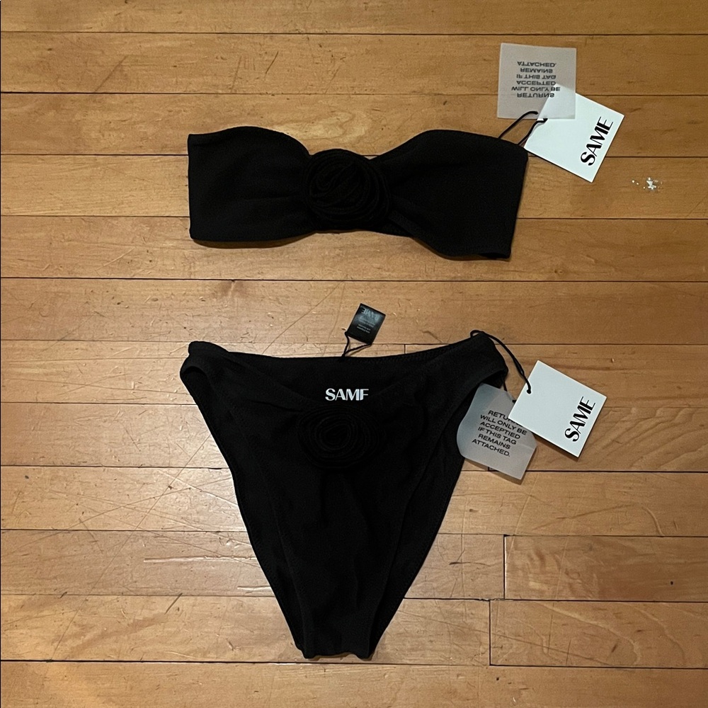 SAME Black Faux Suede Rosette Bikini Small bandeau top + high rise bottom BNWT
